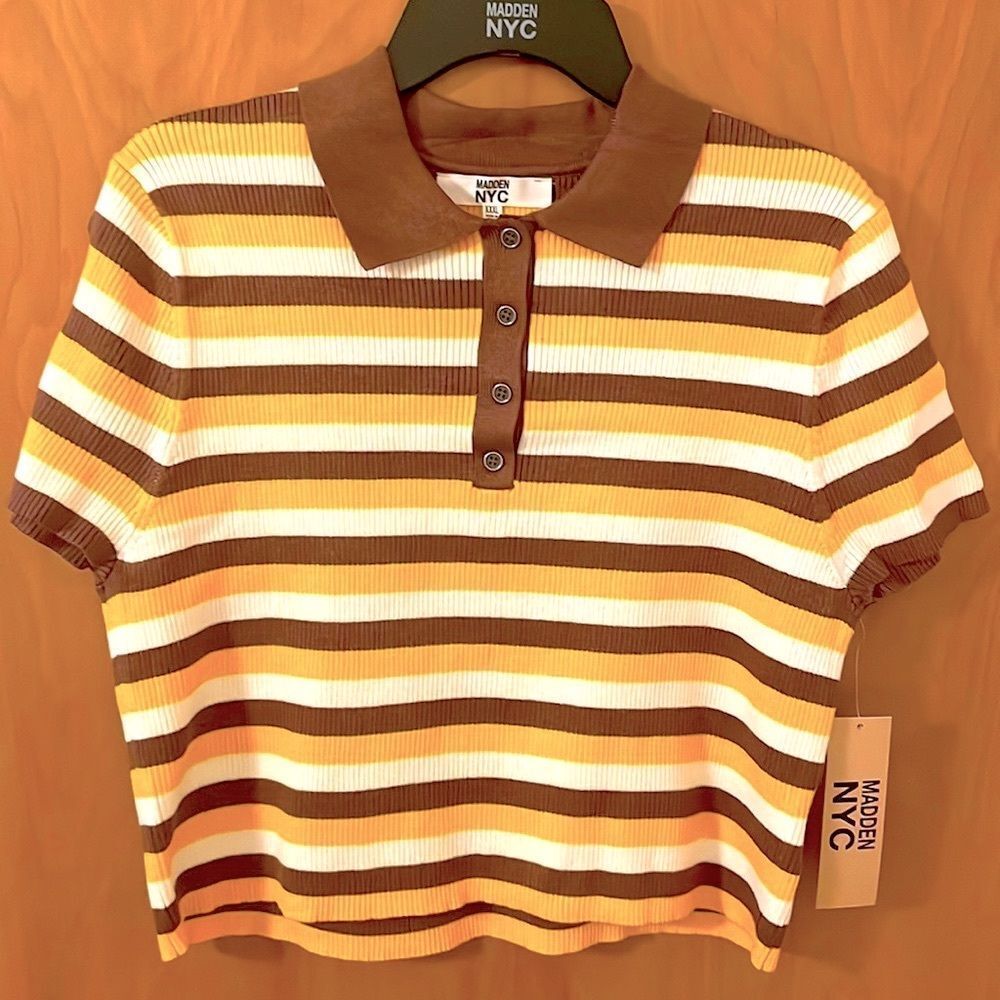 Madden NYC- Cropped Polo Collared Top- Striped Pattern- Size 21 (XXXL)- NWT